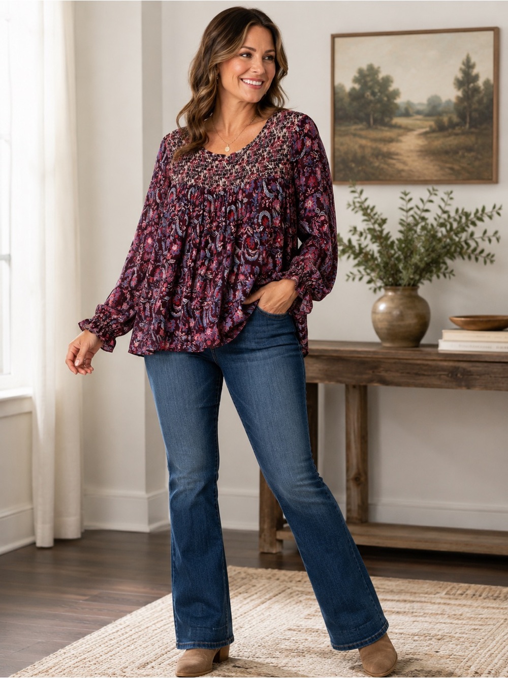 Lucky Brand Plum Floral Smocked Peasant Top Boho Cottagecore XL Paisley Fall